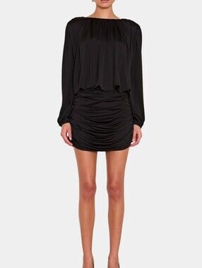 INTERMIX Black Long-Sleeve Ruching Detail Dress New With Tags